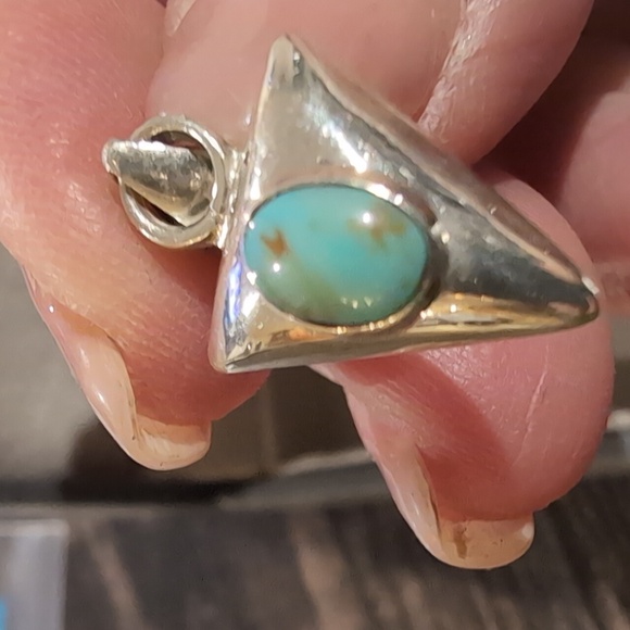 Artisan Turquoise and Silver Triangle Pendant with Clip-On Earrings - Picture 5 of 5